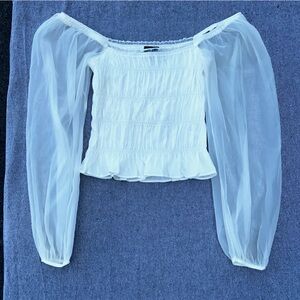 Lucy Paris White Off Shoulder Smocked Chiffon Balloon Sleeve Cropped Blouse S